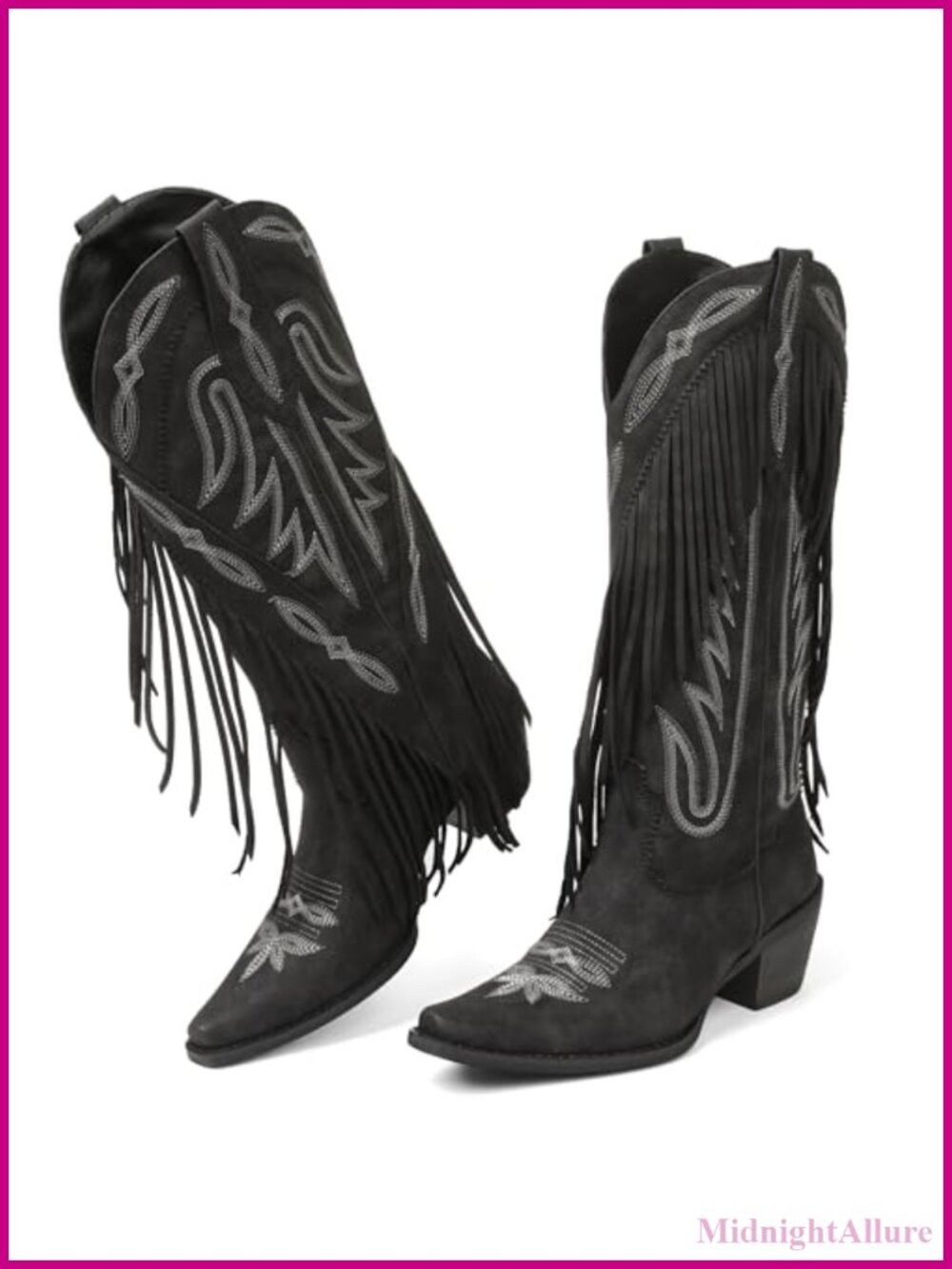 Women's Suede Fringe Cowboy Boots Retro Chunky Block Heel Mid-Calf Pull On
